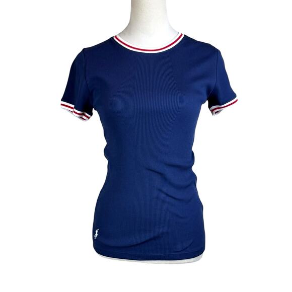 Polo Ralph Lauren Navy Blue Ribbed Red White Trim Logo Slim Fit Baby Tee - Picture 1 of 13